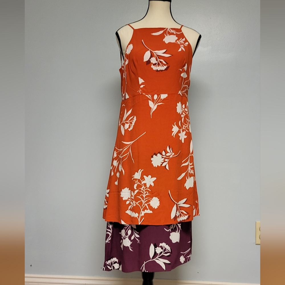 Ann Taylor orange floral midi dress, 00 Petite